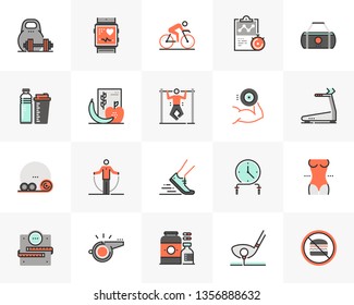 Flat line icons set of recreational fitness training, gym workout. Unique color flat design pictogram of outline elements. Premium quality vector graphics concept for web, logo, branding, infographics