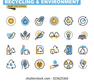 Flat line icons set of recycling theme, waste management , green energy and technology, biodegradable materials, environment. Vector concept for graphic and web design.  