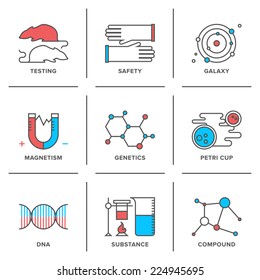 Flat line icons set of science research, genetics evolution experiment, DNA molecular structure, laboratory protection, scientific testing. Modern trend design style vector concept. 