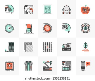 Flat line icons set of sci-fi technology, next big things innovation. Unique color flat design pictogram outline elements. Premium quality vector graphics concept for web, logo, branding, infographics