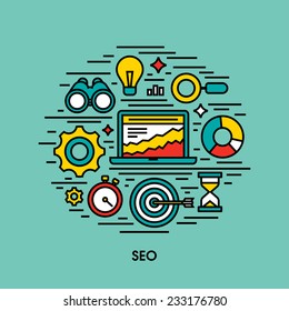 Flat line icons set of Search engine optimization (SEO)