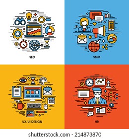 Flat line icons set of SEO, SMM, UI and UX design, HR. Creative design elements for websites, mobile apps and printed materials