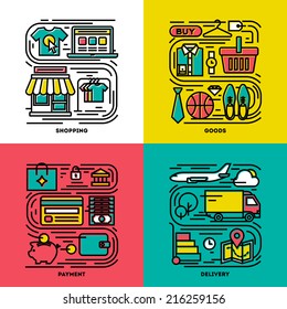 Flat line icons set of shopping, goods, payment, delivery. Creative design elements for websites, mobile apps and printed materials