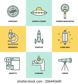 Flat line icons set of small business planning development, startup key elements, strategy solution, market research, brand identity and company vision. Modern design style vector illustration concept