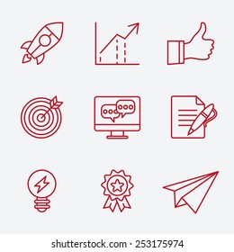 Flat line icons set of small business planning development, startup key elements, strategy solution, market research, brand identity and company vision. Modern design style vector 