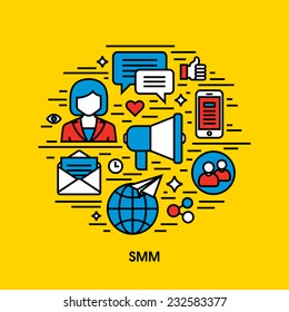 Juego de iconos de línea plana de marketing en medios sociales (SMM)