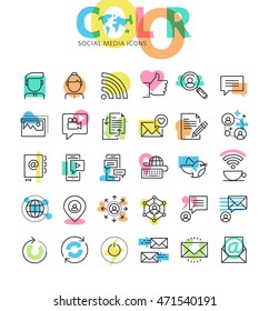 Iconos de línea plana de medios sociales, redes, comunicación en internet. Iconos modernos de diseño para diseño y desarrollo de aplicaciones y web.
