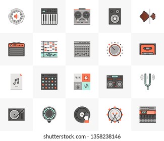 Flat line icons set of sound studio production, music making. Unique color flat design pictogram with outline elements. Premium quality vector graphics concept for web, logo, branding, infographics.