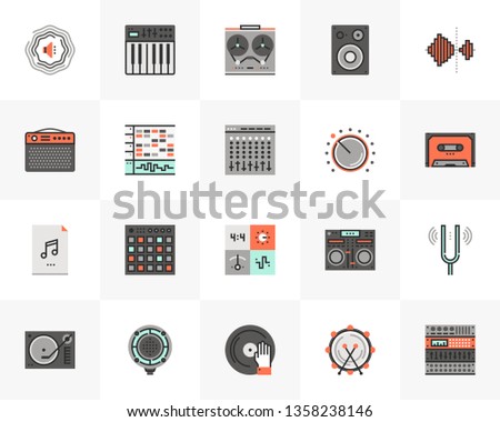 Flat line icons set of sound studio production, music making. Unique color flat design pictogram with outline elements. Premium quality vector graphics concept for web, logo, branding, infographics.