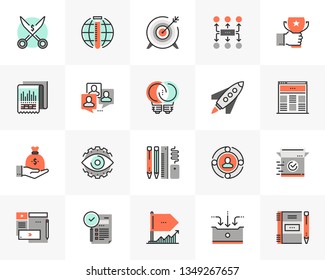 Flat line icons set of startup business and launch new product. Unique color flat design pictogram with outline elements. Premium quality vector graphics concept for web, logo, branding, infographics.