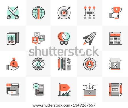 Flat line icons set of startup business and launch new product. Unique color flat design pictogram with outline elements. Premium quality vector graphics concept for web, logo, branding, infographics.