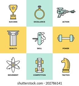 Flat line icons set of success business development, planning process elements, product and service quality, strategy performance. Modern design style vector illustration concept.