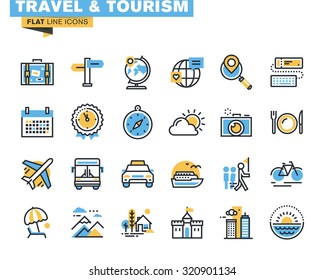 Flat line icons set of travel and tourism sign and object, holiday trip planning, online travel services, tour organization, air travel to cruise, summer and winter vacation, city break.