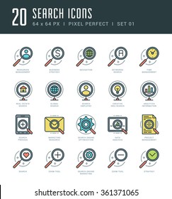 Flat line icons set. Trendy Modern thin linear stroke vector icons Search Engine concept. For website graphics, Mobile Apps, Infographics design, Brochures. Outline pictogram pack.