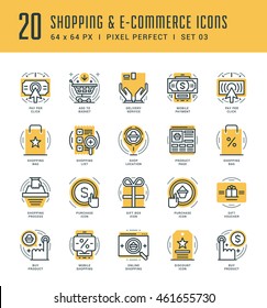 Flat line icons set. Trendy Modern thin linear stroke vector icons Shopping and E-Commerce concept. For website graphics, Mobile Apps, Infographics design, Brochures. Outline pictogram pack.