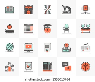 Flat line icons set of university study course, online learning. Unique color flat design pictogram with outline elements. Premium quality vector graphics concept for web, logo, branding, infographics