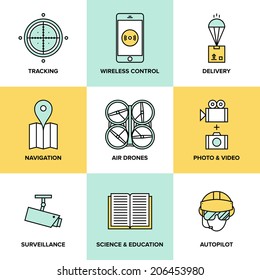 Flat line icons set of unmanned aerial vehicle, taking aerial photography and video with wireless radio remote control, transporting a delivery package. Modern design style vector illustration concept