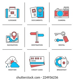 Flat line icons set of vacation traveling items, tourism documents, rental service, map navigation, travel route destination. Modern trend design style vector concept. Isolated on white background.