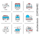 Flat line icons set of various transportation vehicle like plane, subway, taxi, bus, tramway, train, bike, cableway and sea ship. Modern trend design style vector concept. Isolated on white background