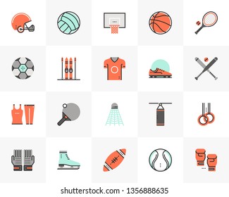 Flat line icons set of various professional sports equipment. Unique color flat design pictogram with outline elements. Premium quality vector graphics concept for web, logo, branding, infographics.