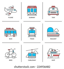 Flat line icons set of various transportation vehicle like plane, subway, taxi, bus, tramway, train, bike, cableway and sea ship. Modern trend design style vector concept. Isolated on white background