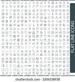 flat line icons set. vector illustration of thin line icons for business, basic, seo, marketing, web development, programming, finance, banking, hardware, education, science, travel, medicine icons