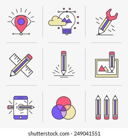 Flat Line Icons Set. Vector illustration, drawing, color matching .Isolated Objects in a Modern Style for Your Design.