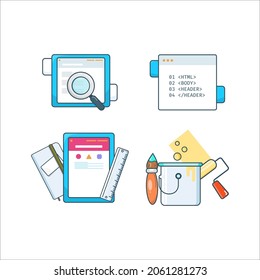 Flat line icons set of web development, creative ideas, mobile marketing, website coding, seo optimization, business company branding. Modern trend design vector concept. Isolated on white background.