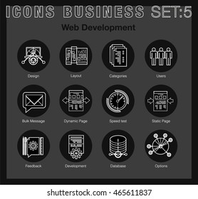 Flat line icons set with flat web design elements responsive website development, API interface coding, web programming proces, mobile app UI making. Modern infographic vector logo set pictogram