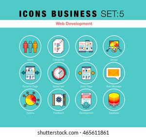Flat line icons set with flat web design elements responsive website development, API interface coding, web programming proces, mobile app UI making. Modern infographic vector logo set pictogram