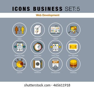 Flat line icons set with flat web design elements responsive website development, API interface coding, web programming proces, mobile app UI making. Modern infographic vector logo set pictogram