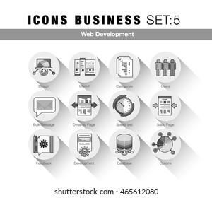 Flat line icons set with flat web design elements responsive website development, API interface coding, web programming proces, mobile app UI making. Modern infographic vector logo set pictogram