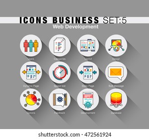 Flat line icons set with flat web design elements responsive website development, API interface coding, web programming proces, mobile app UI making. Infographic vector logo set pictogram collection