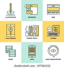 Flat line icons set of website user interface design, web page coding and  programming, mobile apps development, branding and data visualization. Flat design style modern vector illustration concept.