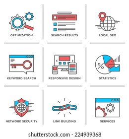 Flat line icons set of website search engine optimization, seo analytics, network security, keyword management, webpage traffic development. Modern trend design style vector concept. 