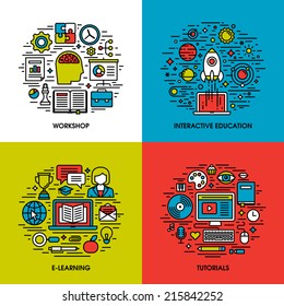 Flat line icons set of workshop, interactive education, e-learning, tutorials. Creative design elements for websites, mobile apps and printed materials