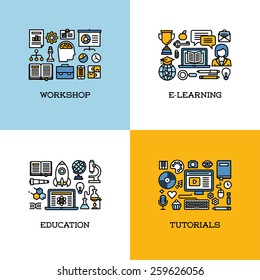 Flat line icons set of workshop, e-learning, education, tutorials. Creative design elements for websites, mobile apps and printed materials