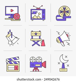 Flat Line Icons Set.Online Movies, Post Production, Film and Television Collection.Isolated Objects in a Modern Style for Your Design.