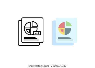 Ícones simples e de linha que mostram documentos empilhados com gráficos de pizza, representando análise de dados, relatórios de negócios, resumos financeiros ou apresentações de pesquisa de mercado.