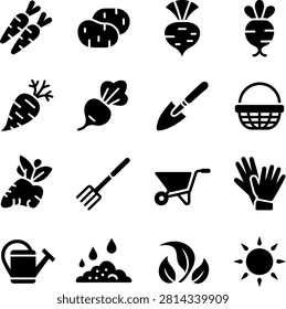 Flat Line Icons Showing Various Vegetables Gardening Tools and Sunlight for Plant Growth Illustration