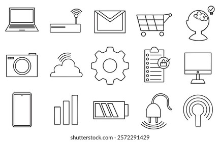Flat line icons for technology and business with clean minimal style in vector format, ideal for web and app design.