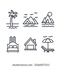 Flat line icons for travel and vacation: palm tree, mountains, waves, house, hotel bed, and beach umbrella. Perfect for travel apps, websites, and brochures