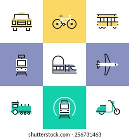 Flat line icons of various city transport, public transportation movement, carriage passenger by rail and air travel. Infographic icons set, logo abstract design pictogram vector concept.