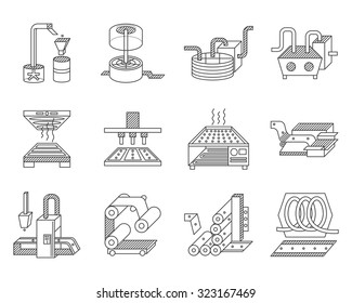 Flat Line Icons Vector Collection For Elements Of Food Processing. Manufacturing Equipment, Preparing Food To Distribution And Trade. Design Elements For Business And Website