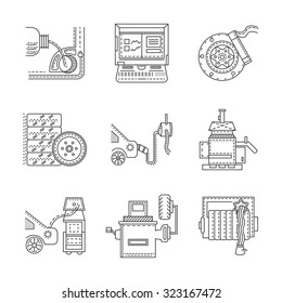 Flat line icons vector collection for elements of automobile service. Repair, diagnostics, fault rectification. Design elements for business and website