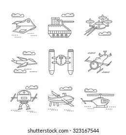 Flat line icons vector collection for elements of military distance surveillance. Drones, unmanned helicopter, aerial reconnaissance. Design elements for business and website
