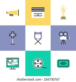 Flat line icons of video production and media post-production, award winning film making, movie director tools and objects. Infographic icons set, logo abstract design pictogram vector concept.