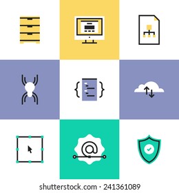 Flat line icons of website development services, cloud computing connection, network security, user interface coding & programming. Infographic icon set, logo abstract design pictogram vector concept.