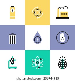 Flat line icons of world energy conservation, global warming, recycle bin, clear water consumption, power plant production. Infographic icons set, logo abstract design pictogram vector concept.