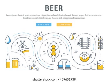 Ilustración plana de la fabricación de cerveza, el cultivo de trigo y la venta de bebidas alcohólicas. Concepto de banners web y materiales impresos. Plantilla con botones para banner y página de inicio del sitio web.